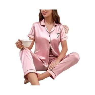 Imagem de Conjunto De Pijama De Seda Para Mulheres Com Manga Longa, Bolso E Bord