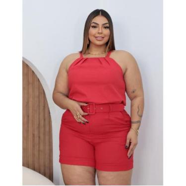 Imagem de Conjunto Feminino Linho Plus Size Shorts Blusa Regata Cinto Verão Com 