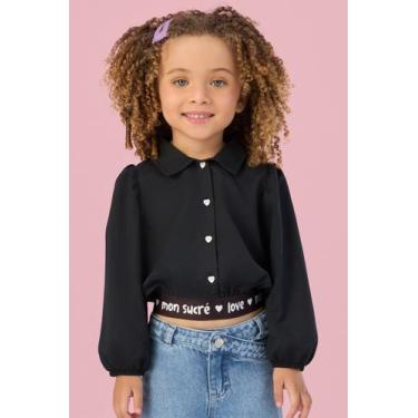 Imagem de Camisa Social Cropped Manga Longa Preta Mon Sucré, Preto, 6