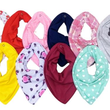 Imagem de Kit 10 Babadores Bandana de Malha 100% Algodão com Forro Interno e Botão de Pressão para Bebê