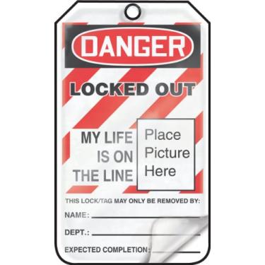 Imagem de Accuform Placa de bloqueio autolaminada Signs MLT609LCP, Legend "DANGER LOCKED OUT MY LIFE IS ON THE LINE (coloque a imagem aqui)", 14,6 cm de comprimento x 8,25 cm de largura x 0,01 cm de espessura, PF-Cardstock, vermelho/preto sobre branco (pacote com 25)