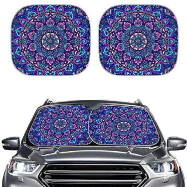 Imagem de Renewold Protetor solar de para-brisa para carro, inspirado em mandala, étnico boho nativo, capa protetora de para-sol para janela frontal, pacote com 2, ajuste universal