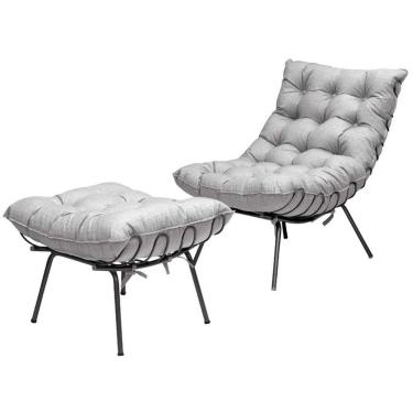 Imagem de Poltrona Costela Adão Ferro Puff Estrutura Preto Para Sala Moderna Decorativa Linho Cinza