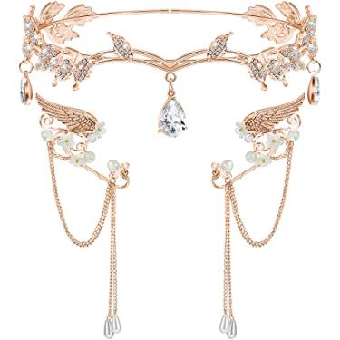 Imagem de Hicarer 3 peças de tiara de folha de strass e algemas de elfo, coroa de cabeça, acessórios para decoração de cosplay (ouro rosa)