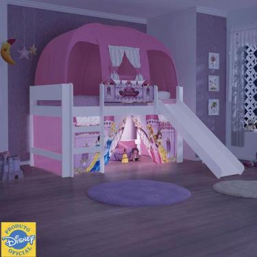 Imagem de Cama Infantil Elevada Com Luz De Led Escada Cortina E Barraca Rosa Pri
