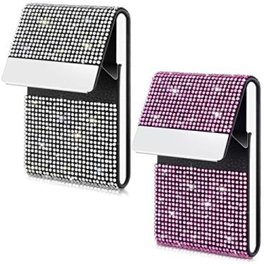 Imagem de Porta-cartões de visita com strass com 2 peças de couro PU brilhante porta-cartões de visita bolso porta-cartão de crédito para mulheres carteira de cartão de visita porta-cartão com fecho magnético, branco rosa