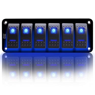 Imagem de FXC Interruptor basculante painel de alumínio 6 interruptores de alternância painel 5 pinos liga/desliga 2 LED retroiluminado para barco, carro, azul marinho
