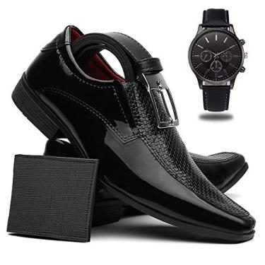 Imagem de Sapato Social Masculino Verniz + Cinto + Carteira + Relógio - Preto-5013/37