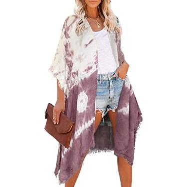 Imagem de Moss Rose Saída de praia feminina quimono com estampa floral boêmia, roupa de resort casual solta, E Tie-dye Ultra Violeta, One Size