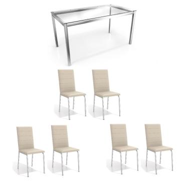 Imagem de Conjunto Sala de Jantar Kappesberg Crome Tampo de Vidro 6 Cadeiras Cromado Nude