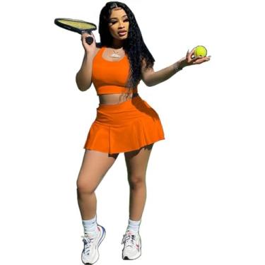 Imagem de INGORINA Conjunto de 2 peças de saia de tênis atlética sem mangas cropped mini plissado golfe saia curta verão, Laranja, X-Large