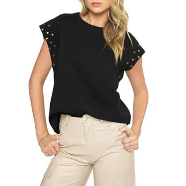Imagem de Tankaneo Camisetas femininas de verão com manga cavada, casual, caimento solto, tamanho grande, cravejadas, vintage, Preto, G