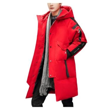 Imagem de Jaqueta masculina acolchoada de comprimento médio, cor bloqueada, quente, casaco casual de inverno, Vermelho, M