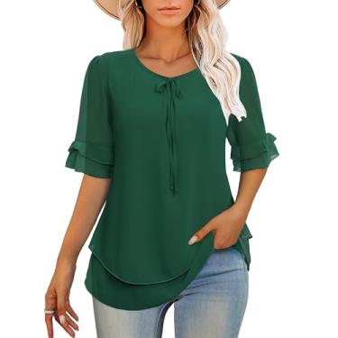 Imagem de Othyroce Blusas femininas elegantes casuais manga curta verão chiffon trabalho túnica tops camisas de negócios gola redonda, Verde escuro, P