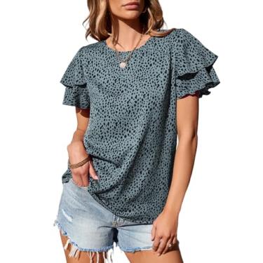 Imagem de EVALESS Camisetas femininas de verão com bolinhas, gola redonda, babados e manga curta, Cinza, G