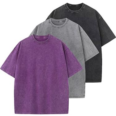 Imagem de Camisetas masculinas de algodão grandes folgadas vintage lavadas unissex manga curta camisetas casuais, Costas + cinza + roxo, P