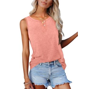 Imagem de Camisetas femininas moda verão primavera sem mangas camisetas regatas casuais modernas camisas de botão, Rosa coral, G