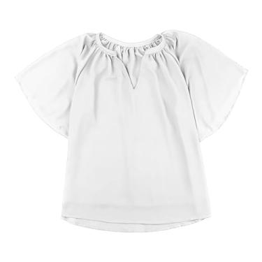 Imagem de Blusas femininas soltas plissadas de chiffon casual manga três quartos decote francês blusas femininas de trabalho, Branco, P