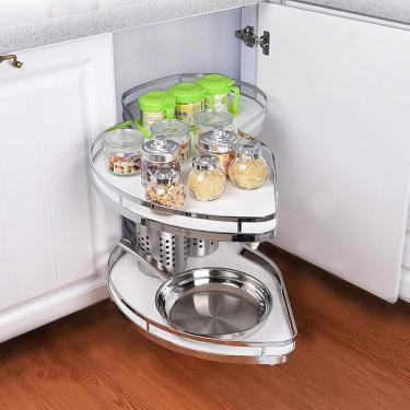 Imagem de Organizador de canto cego de cozinha, bandeja de balanço de 2 camadas, cesta de puxar para armário de 900-1000mm (aberto à direita), aberto à esquerda