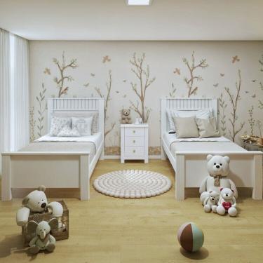 Imagem de Quarto Infantil com 2 Camas Solteiro Athenas Plus e Mesa de Cabeceira 3 Gavetas Maggiore New Branco