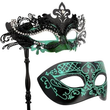 Imagem de Hoshin Masquerade Mask for Couple, Mardi Gras Deecorations Venetian Masks with Stick for Womens(Green & Black)