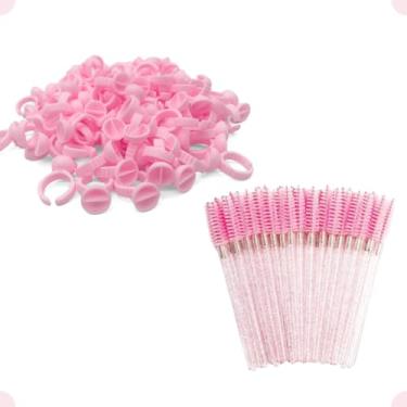 Imagem de Kit 100 Anel Batoque Pequeno Com Separação + 50 Escovinha Cilios Sobrancelha Cola Henna