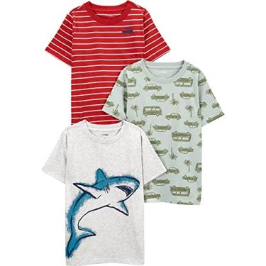 Imagem de Simple Joys by Carter's Pacote com 3 camisetas de manga curta para bebês meninos, Carros verde-claro/listras vermelhas/tubarão branco, 7