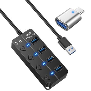 Imagem de KLAQQED Hub USB 3.0, hub de estação USB de 4 portas com interruptores individuais - Hub expansor para laptop/MacBook, pen drives, HDD móvel, impressora