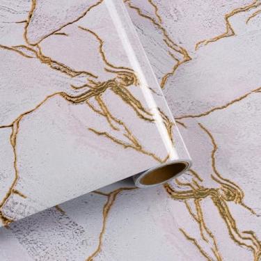 Imagem de VaryFloral Papel de contato de mármore rosa e dourado para bancadas, descasque e cole papel de parede de mármore removível à prova d'água temporário brilhante granito mármore envoltório de vinil para