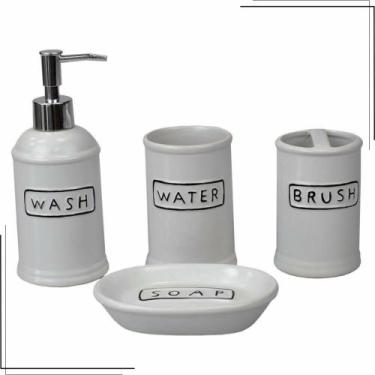 Imagem de Kit Lavabo Banheiro Luxo Cerâmico 4 Peças Branco Preto - Clink, Branco