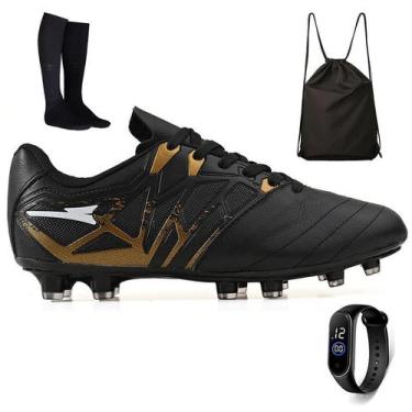 Imagem de Kit Chuteira Futebol Campo Bico de Couro + Mochila + Meião e Relogio A