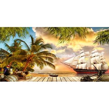 Imagem de BELECO Pano de fundo de navio pirata ilha de praia de tecido de 6 x 3 m paisagem marítima palmeiras fundo de madeira caixa de tesouro barris de carvalho para Halloween tema pirata decoração de festa de aniversário adereço de foto infantil