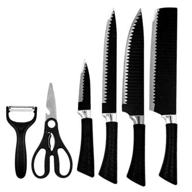 Imagem de Conjunto De Facas De Cozinha Churrasco Cutelo Com Lâmina Aço Inox 6 Peças Preto