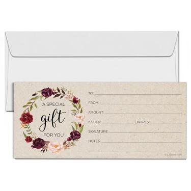 Imagem de Certificados de presente 321Done em branco 10,16 x 22,86 cm para pequenos negócios, feriados, Natal, spa, salão - Guirlanda rústica floral bronzeada Kraft cor, With Envelopes, 4 x 9 inches