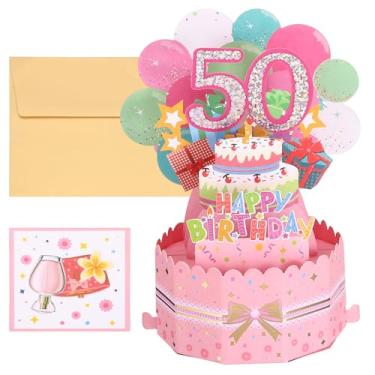Imagem de PATIKIL Cartão de aniversário de 50 anos, cartão de aniversário pop-up engraçado cartão de feliz aniversário doce 3D com cartão de felicitações e envelope para mulheres menina menino mãe presente