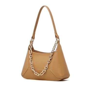 Imagem de MoreFarther Bolsas de ombro para mulheres, bolsas Hobo de luxo de couro legítimo, transversal com duas alças e uma corrente, Bege, Medium