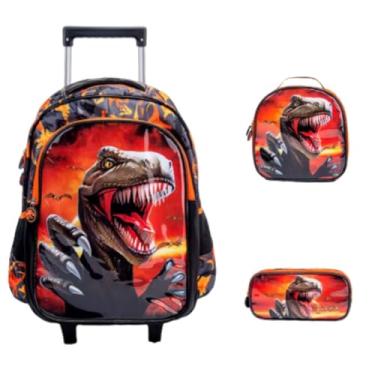 Imagem de Kit Mochila Escolar Infantil de Rodinhas Menino Bolsa Resistente Impermeável Com Lancheira e Estojo Dinossauro Laranja