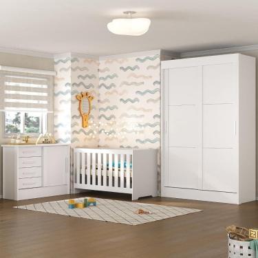 Imagem de Quarto de Bebê Completo Guarda Roupa 2 Portas 2 Gavetas com Cômoda e Berço Maya Espresso Móveis Branco