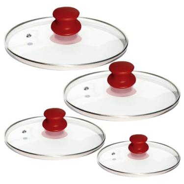 Imagem de Kit 3 Tampas 10,16 e 22cm de vidro temperado para panelas e frigideiras com pomel puxador madeira (Pomel de baquelite vermelho)