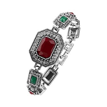Imagem de egztika Pulseira de pulseira de strass com elos quadrados e poligonais banhados a prata antiga turca vintage para presente feminino, Resina, Zircônia cúbica