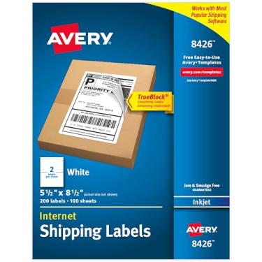 Imagem de Avery Etiquetas de envio imprimíveis em meia folha, adesivos personalizáveis de 14 x 21,6 cm, branco, 200 etiquetas de correspondência em branco, ótimo para correspondência, envio, organização e mais