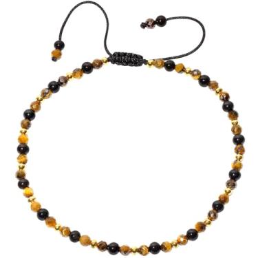 Imagem de Xfoxstal Tornozeleira de ágata preta brilhante/olho de tigre com contas facetadas riqueza energia contas facetadas para mulheres verão praia equilíbrio pé joias, Medium, Pedra, Olho de tigre