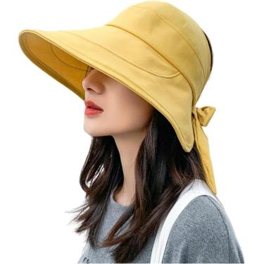 Imagem de Chapéu De Sol Feminino Chapéu De Sol Verão Senhoras Rabo De Cavalo Chapéu De Sol Aba Larga Anti-uv Bow Beach Chapéu Chapéu De Sol Feminino Dobrável, Yellow, 6 7/8-7 1/8