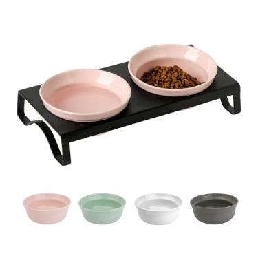 Imagem de Conjunto de tigelas de cerâmica rosa para gatos – tigelas de água e comida para gatos de 12,7 cm de largura, tigelas elevadas com suporte de metal para gatos internos e cães pequenos, 2 tigelas + 1
