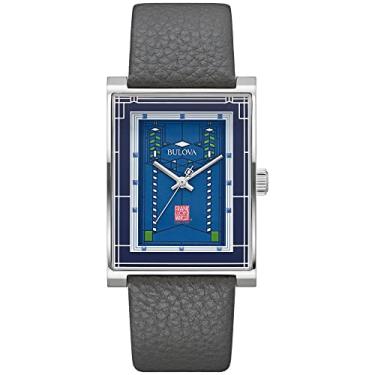 Imagem de Bulova Relógio masculino de quartzo Frank Lloyd Wright Robie House, aço inoxidável, 3 ponteiros, pulseira de couro cinzento: 96A287, Prateado e azul, Relógio de quartzo