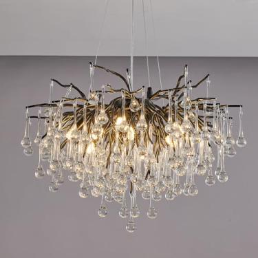 Imagem de Upfelw Lustre Moderno De Cristal Em Formato De Gota De Chuva, Luminária Redonda Preta Estilo Art Déco Com Galhos De Árvores Para Sala De Jantar, Sala De Estar, Hall De Entrada, 8 Luzes D23,7''