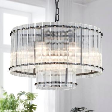 Imagem de SM Saint Mossi Luminária De Lustre Saint Mossi Black Drum, Design Moderno De Meados Do Século, Com Dupla Camada, 5 Luzes, D18 X A10, Correntes Ajustáveis De 59", Cúpula De Vidro E Estrutura De Metal