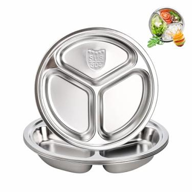 Imagem de QuZCarious Pacote com 4 pratos de aço inoxidável 304 para crianças, 20 cm, 3 seções redondas divididas, placas de controle de porção, placa divisória para adultos, acampamento, piquenique, casa