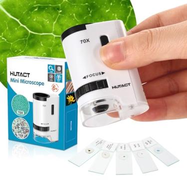 Imagem de HUTACT Microscópio de bolso 70 x para crianças, mini microscópio portátil portátil com 5 lâminas de microscópio para crianças que aprendem e educam