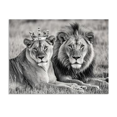 Imagem de Arte de parede em tela de leão e leoa rei e rainha com coroa pintura animal africana arte para sala de estar quarto 40 x 30 cm (16 x 12 pol) sem moldura